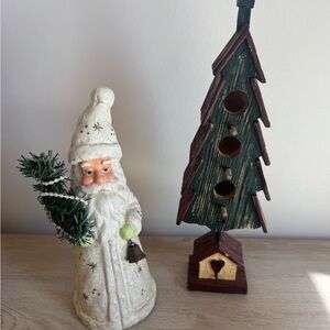 VINTAGE OLD WORLD WHITE/GOLD SANTA & WOOD “BIRD NEST” CHRISTMAS TREE SET